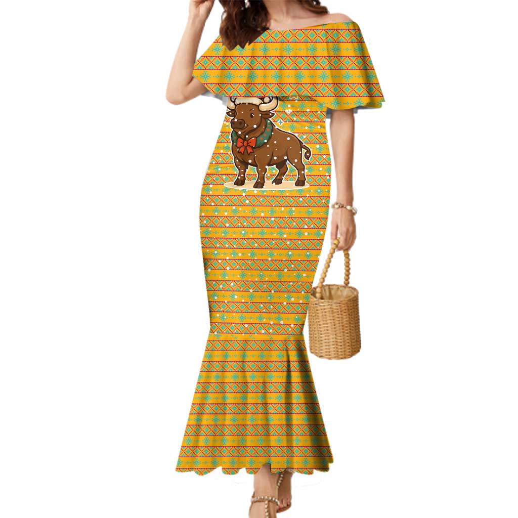 Buffalo Soldiers Christmas Family Matching Mermaid Dress and Hawaiian Shirt with Yellow Cartoon Buffalo Santa Hat Design - Wonder Print Shop