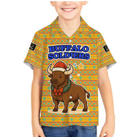 Buffalo Soldiers Christmas Family Matching Mermaid Dress and Hawaiian Shirt with Yellow Cartoon Buffalo Santa Hat Design - Wonder Print Shop