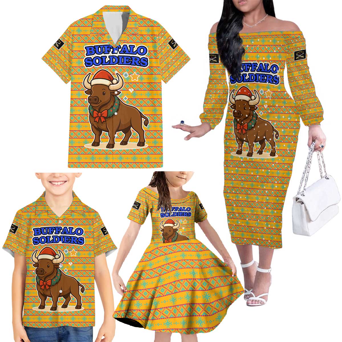 Buffalo Soldiers Christmas Family Matching Off The Shoulder Long Sleeve Dress and Hawaiian Shirt with Yellow Cartoon Buffalo Santa Hat Design - Wonder Print Shop