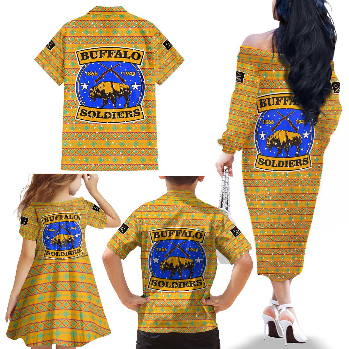 Buffalo Soldiers Christmas Family Matching Off The Shoulder Long Sleeve Dress and Hawaiian Shirt with Yellow Cartoon Buffalo Santa Hat Design - Wonder Print Shop