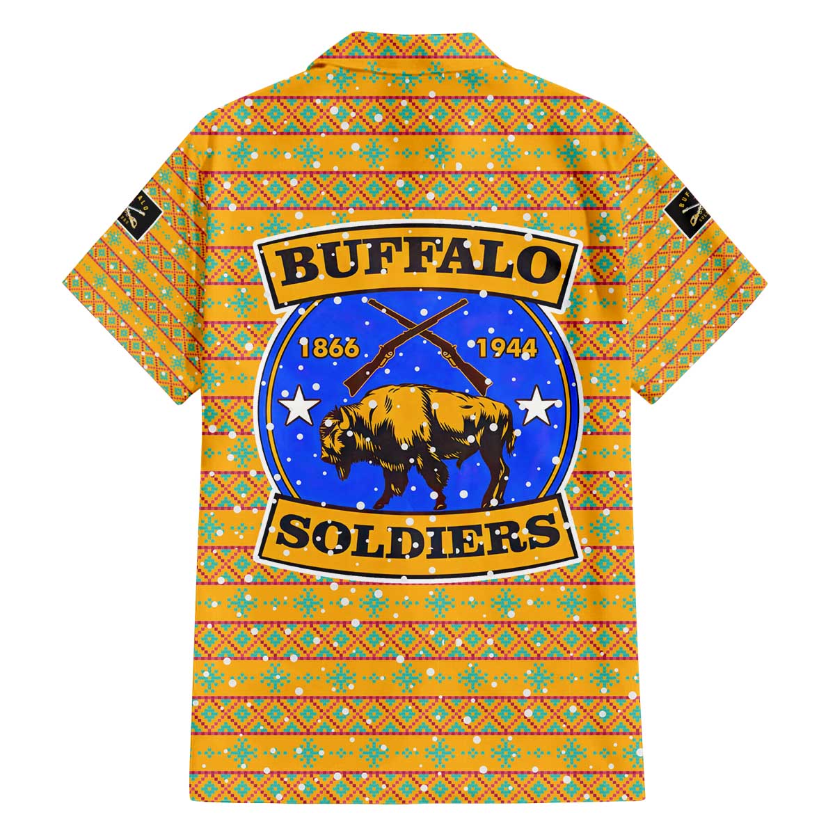 Buffalo Soldiers Christmas Family Matching Off The Shoulder Long Sleeve Dress and Hawaiian Shirt with Yellow Cartoon Buffalo Santa Hat Design - Wonder Print Shop