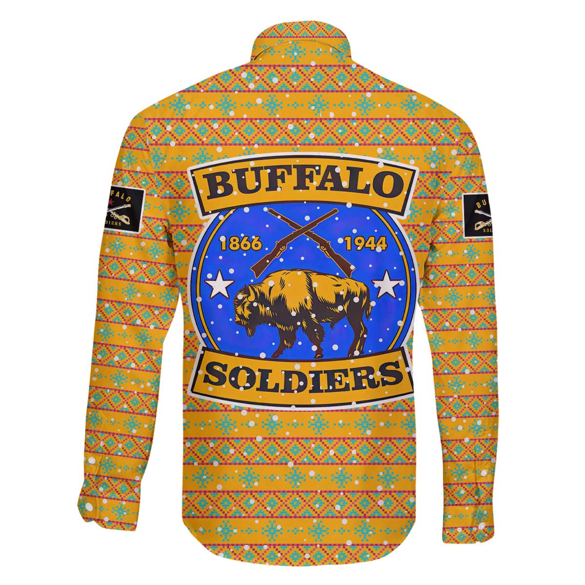 Buffalo Soldiers Christmas Family Matching Off The Shoulder Long Sleeve Dress and Hawaiian Shirt with Yellow Cartoon Buffalo Santa Hat Design - Wonder Print Shop