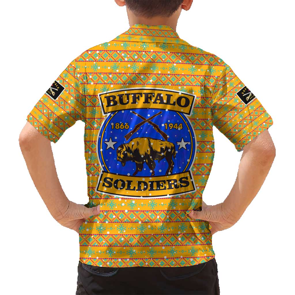 Buffalo Soldiers Christmas Family Matching Off Shoulder Maxi Dress and Hawaiian Shirt with Yellow Cartoon Buffalo Santa Hat Design - Wonder Print Shop