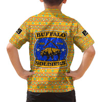 Buffalo Soldiers Christmas Family Matching Off Shoulder Maxi Dress and Hawaiian Shirt with Yellow Cartoon Buffalo Santa Hat Design - Wonder Print Shop