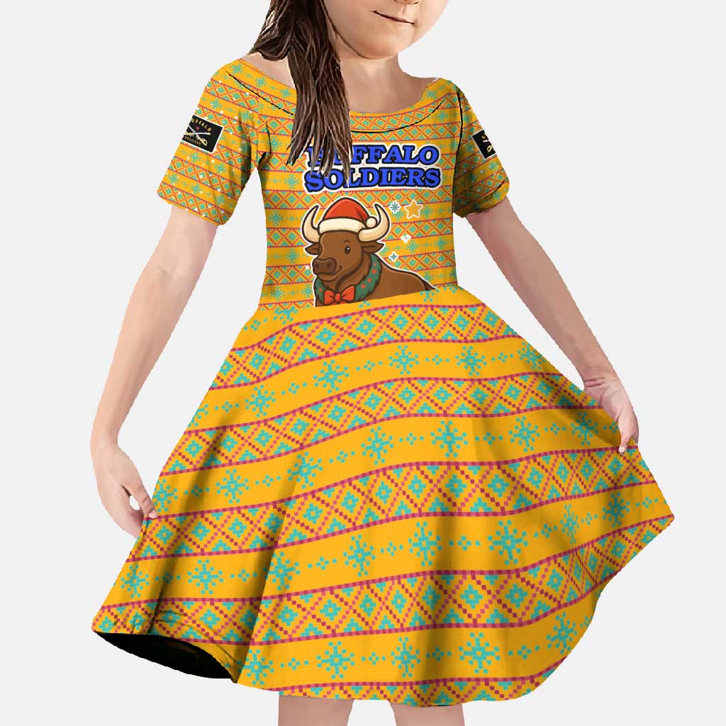 Buffalo Soldiers Christmas Family Matching Off Shoulder Maxi Dress and Hawaiian Shirt with Yellow Cartoon Buffalo Santa Hat Design - Wonder Print Shop