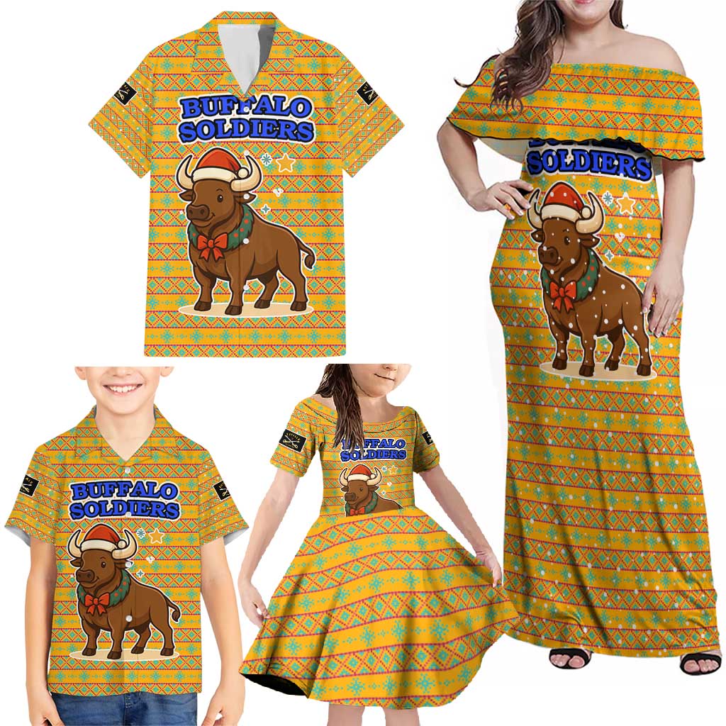 Buffalo Soldiers Christmas Family Matching Off Shoulder Maxi Dress and Hawaiian Shirt with Yellow Cartoon Buffalo Santa Hat Design - Wonder Print Shop