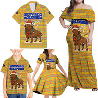 Buffalo Soldiers Christmas Family Matching Off Shoulder Maxi Dress and Hawaiian Shirt with Yellow Cartoon Buffalo Santa Hat Design - Wonder Print Shop