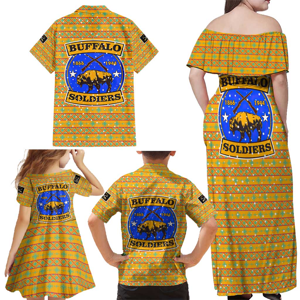 Buffalo Soldiers Christmas Family Matching Off Shoulder Maxi Dress and Hawaiian Shirt with Yellow Cartoon Buffalo Santa Hat Design - Wonder Print Shop