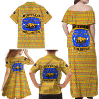 Buffalo Soldiers Christmas Family Matching Off Shoulder Maxi Dress and Hawaiian Shirt with Yellow Cartoon Buffalo Santa Hat Design - Wonder Print Shop