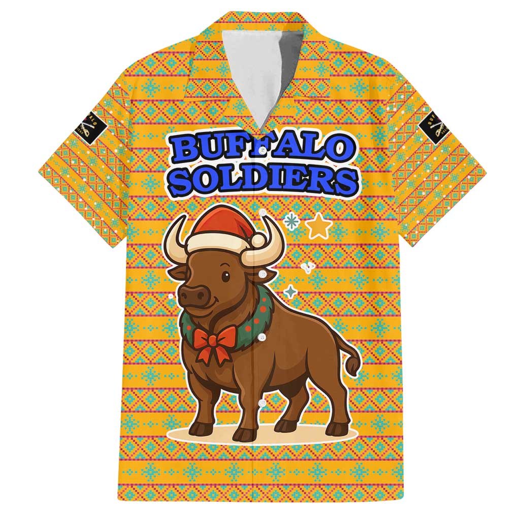 Buffalo Soldiers Christmas Family Matching Off Shoulder Maxi Dress and Hawaiian Shirt with Yellow Cartoon Buffalo Santa Hat Design - Wonder Print Shop