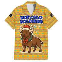 Buffalo Soldiers Christmas Family Matching Off Shoulder Maxi Dress and Hawaiian Shirt with Yellow Cartoon Buffalo Santa Hat Design - Wonder Print Shop