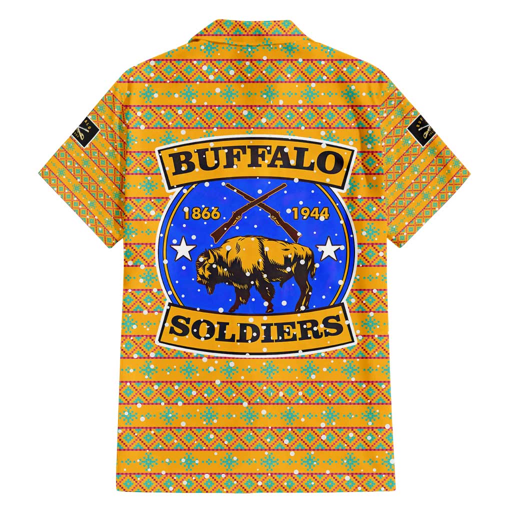 Buffalo Soldiers Christmas Family Matching Off Shoulder Maxi Dress and Hawaiian Shirt with Yellow Cartoon Buffalo Santa Hat Design - Wonder Print Shop