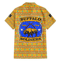 Buffalo Soldiers Christmas Family Matching Off Shoulder Maxi Dress and Hawaiian Shirt with Yellow Cartoon Buffalo Santa Hat Design - Wonder Print Shop