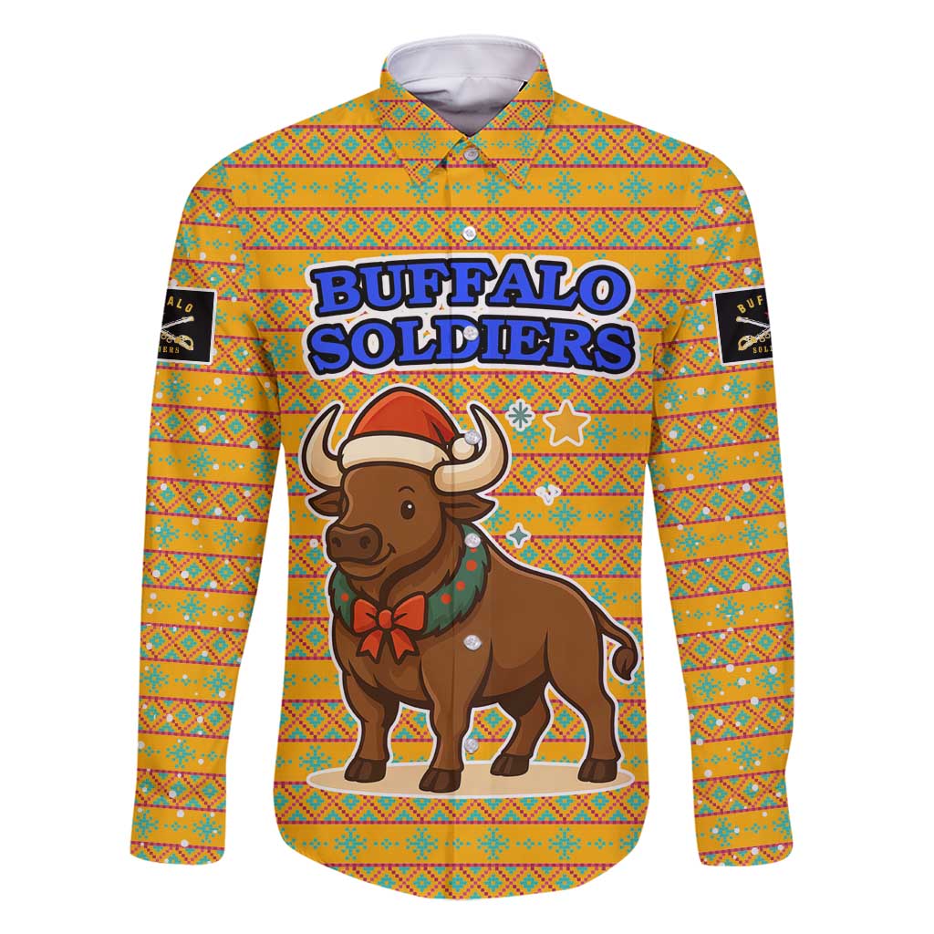 Buffalo Soldiers Christmas Family Matching Off Shoulder Maxi Dress and Hawaiian Shirt with Yellow Cartoon Buffalo Santa Hat Design - Wonder Print Shop