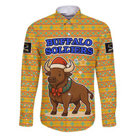 Buffalo Soldiers Christmas Family Matching Off Shoulder Maxi Dress and Hawaiian Shirt with Yellow Cartoon Buffalo Santa Hat Design - Wonder Print Shop