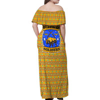 Buffalo Soldiers Christmas Family Matching Off Shoulder Maxi Dress and Hawaiian Shirt with Yellow Cartoon Buffalo Santa Hat Design - Wonder Print Shop