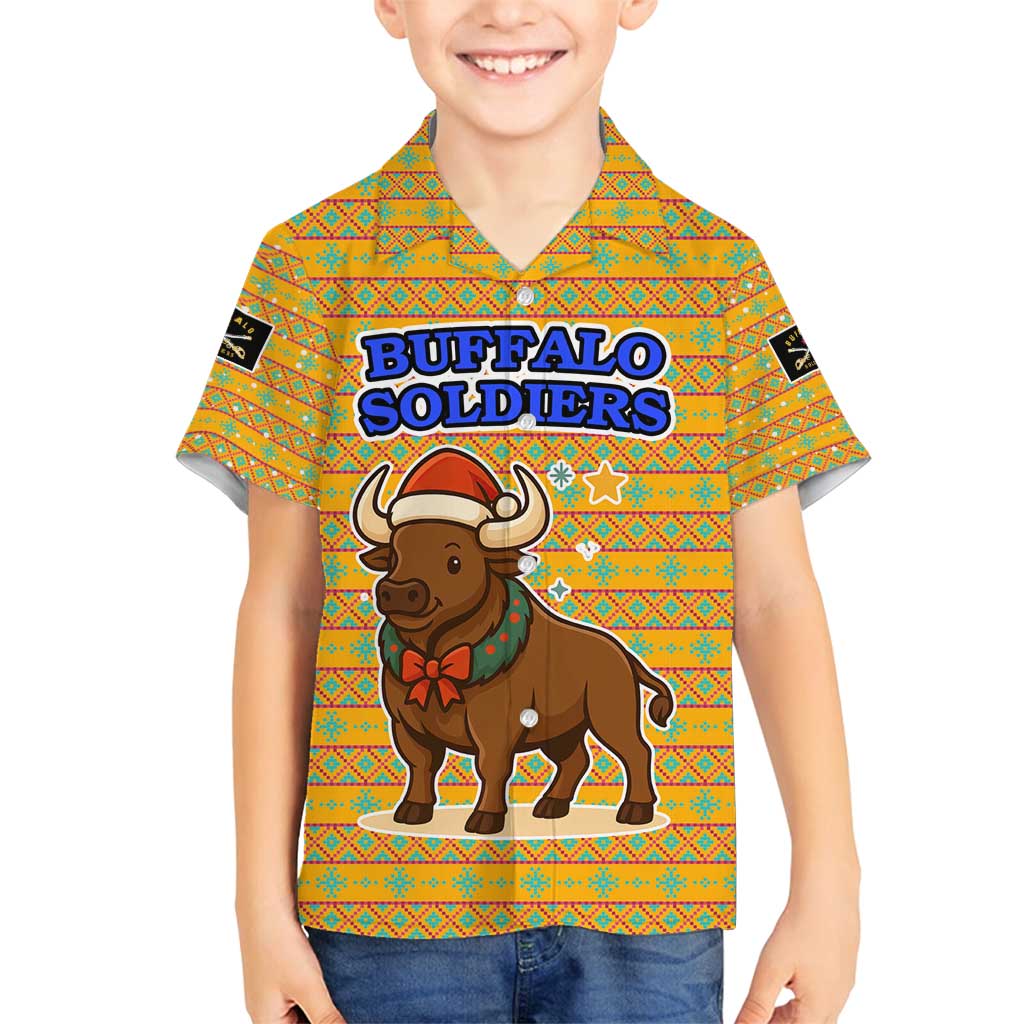 Buffalo Soldiers Christmas Family Matching Off Shoulder Maxi Dress and Hawaiian Shirt with Yellow Cartoon Buffalo Santa Hat Design - Wonder Print Shop