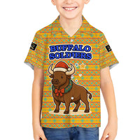 Buffalo Soldiers Christmas Family Matching Off Shoulder Maxi Dress and Hawaiian Shirt with Yellow Cartoon Buffalo Santa Hat Design - Wonder Print Shop