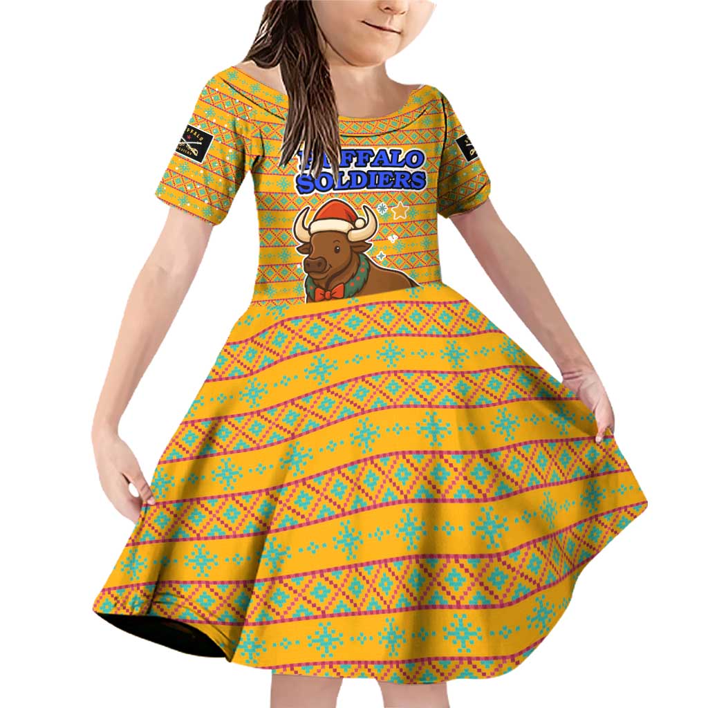 Buffalo Soldiers Christmas Family Matching Off Shoulder Short Dress and Hawaiian Shirt with Yellow Cartoon Buffalo Santa Hat Design - Wonder Print Shop