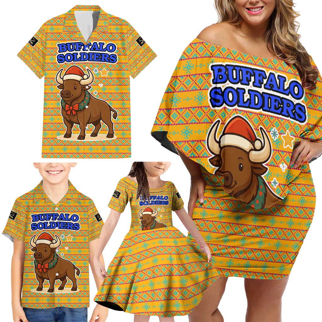 Buffalo Soldiers Christmas Family Matching Off Shoulder Short Dress and Hawaiian Shirt with Yellow Cartoon Buffalo Santa Hat Design - Wonder Print Shop