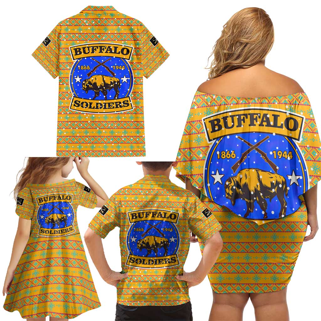 Buffalo Soldiers Christmas Family Matching Off Shoulder Short Dress and Hawaiian Shirt with Yellow Cartoon Buffalo Santa Hat Design - Wonder Print Shop