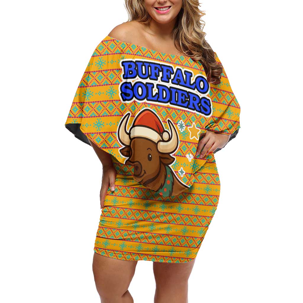 Buffalo Soldiers Christmas Family Matching Off Shoulder Short Dress and Hawaiian Shirt with Yellow Cartoon Buffalo Santa Hat Design - Wonder Print Shop