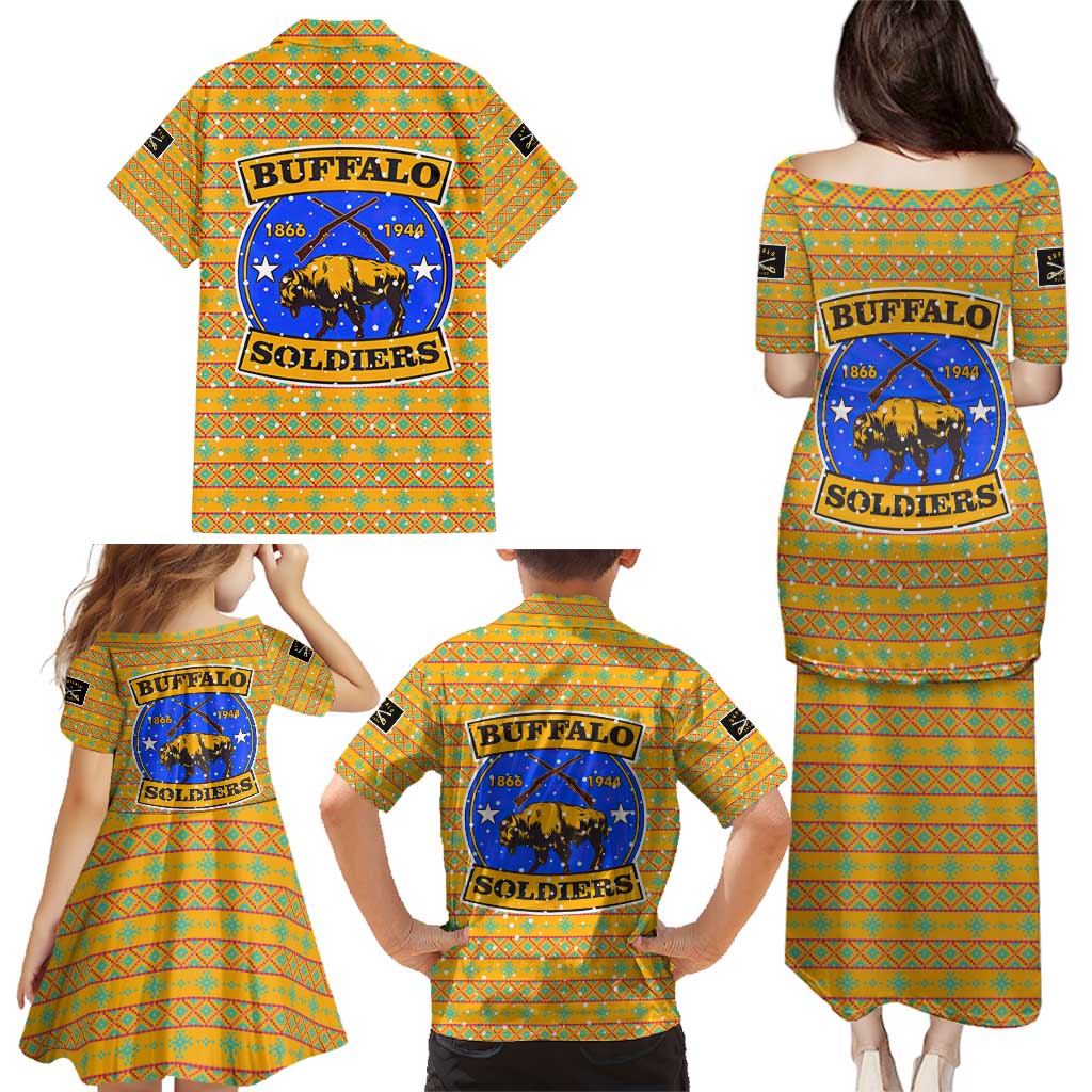 Buffalo Soldiers Christmas Family Matching Puletasi and Hawaiian Shirt with Yellow Cartoon Buffalo Santa Hat Design - Wonder Print Shop