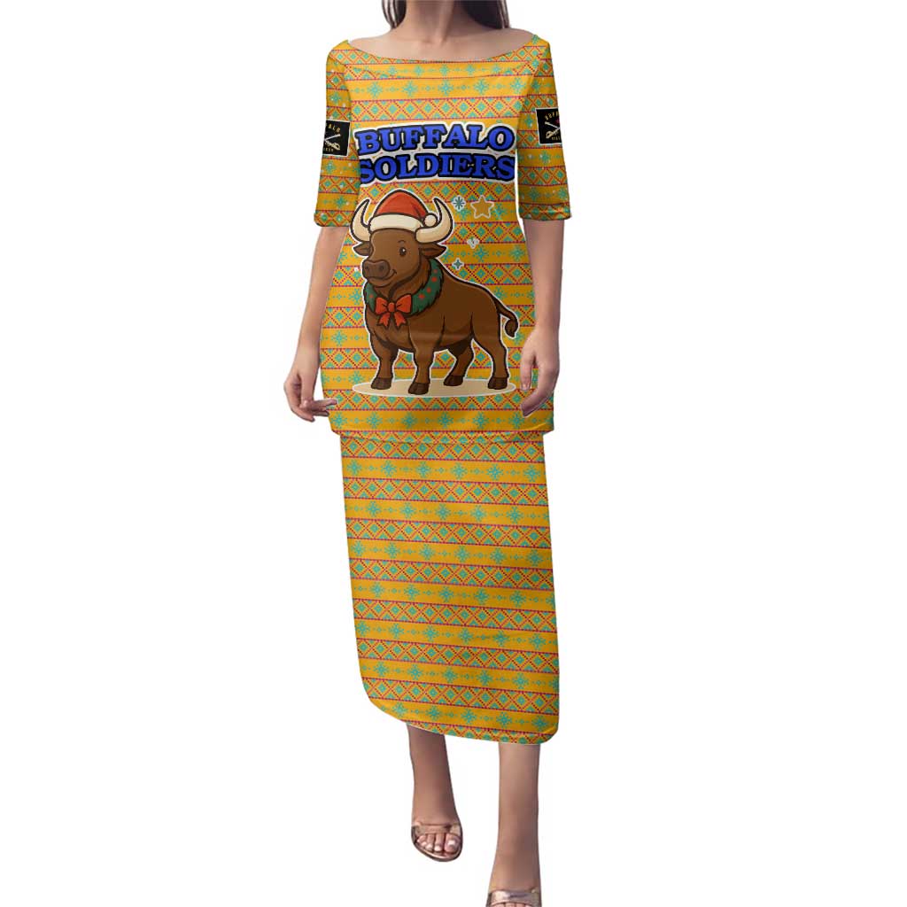 Buffalo Soldiers Christmas Family Matching Puletasi and Hawaiian Shirt with Yellow Cartoon Buffalo Santa Hat Design - Wonder Print Shop