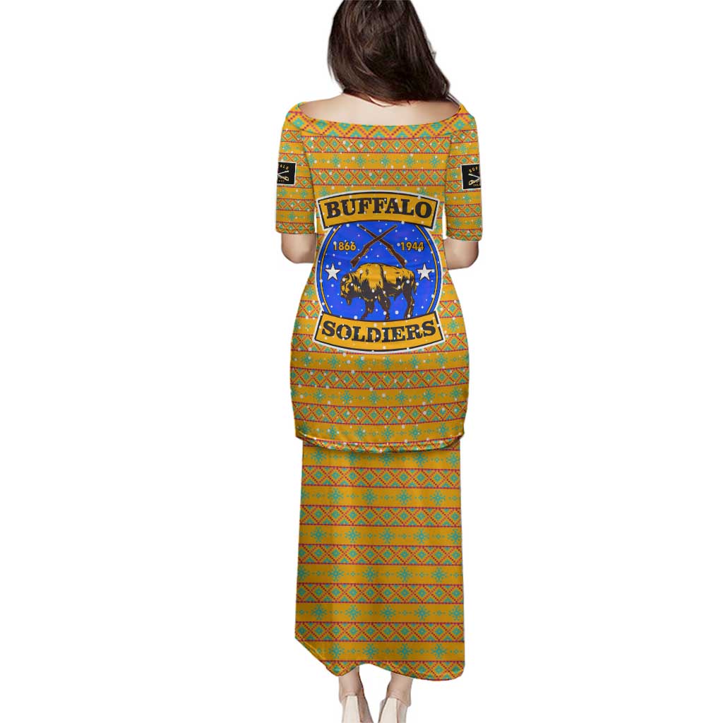 Buffalo Soldiers Christmas Family Matching Puletasi and Hawaiian Shirt with Yellow Cartoon Buffalo Santa Hat Design - Wonder Print Shop