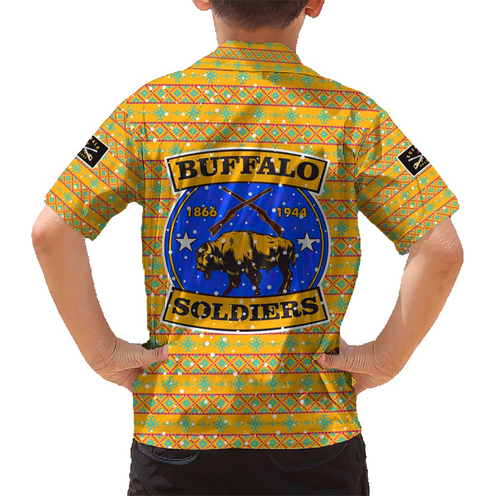 Buffalo Soldiers Christmas Family Matching Short Sleeve Bodycon Dress and Hawaiian Shirt with Yellow Cartoon Buffalo Santa Hat Design - Wonder Print Shop