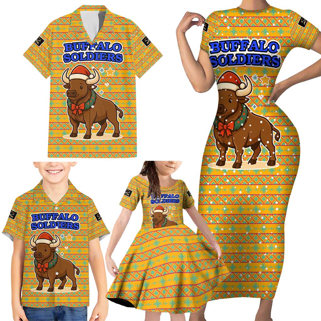 Buffalo Soldiers Christmas Family Matching Short Sleeve Bodycon Dress and Hawaiian Shirt with Yellow Cartoon Buffalo Santa Hat Design - Wonder Print Shop