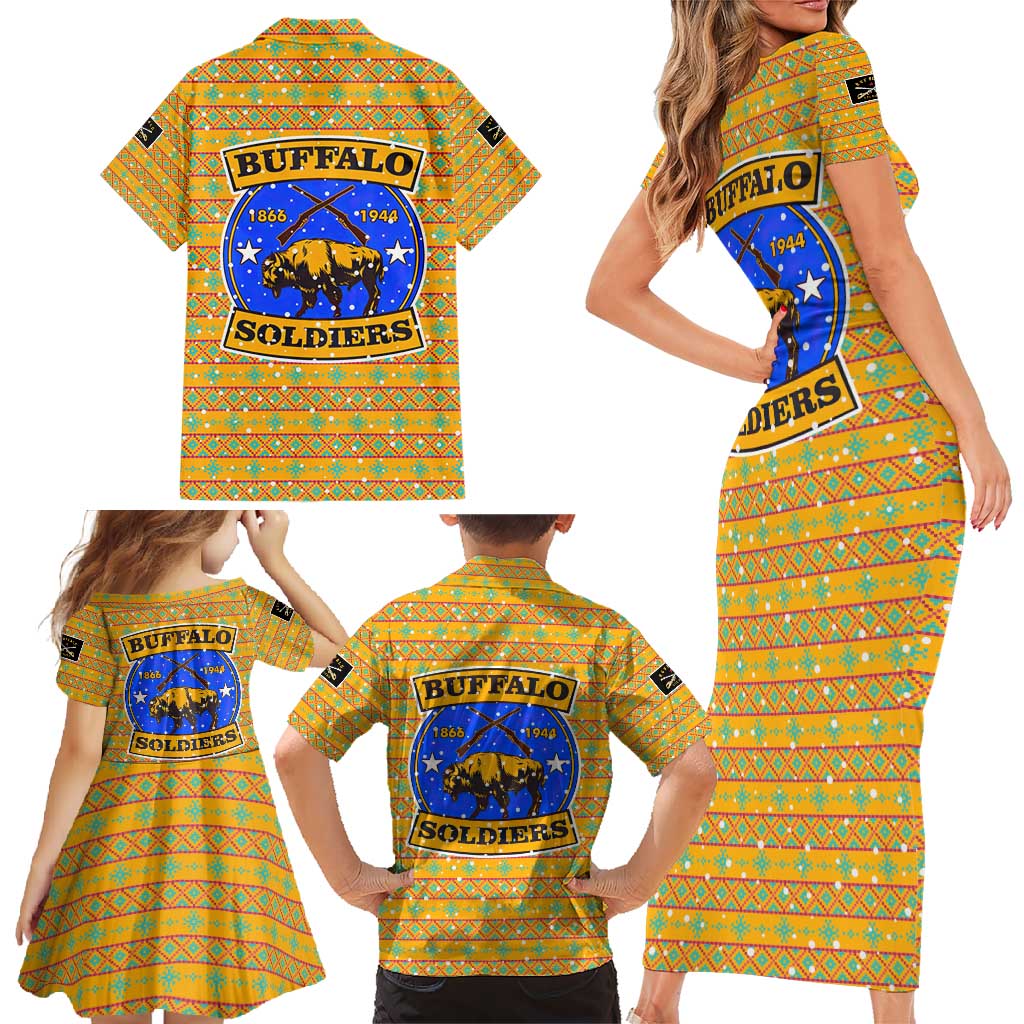Buffalo Soldiers Christmas Family Matching Short Sleeve Bodycon Dress and Hawaiian Shirt with Yellow Cartoon Buffalo Santa Hat Design - Wonder Print Shop