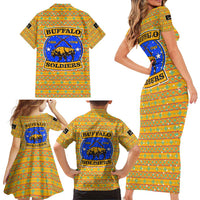 Buffalo Soldiers Christmas Family Matching Short Sleeve Bodycon Dress and Hawaiian Shirt with Yellow Cartoon Buffalo Santa Hat Design - Wonder Print Shop