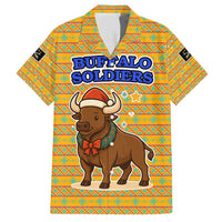 Buffalo Soldiers Christmas Family Matching Short Sleeve Bodycon Dress and Hawaiian Shirt with Yellow Cartoon Buffalo Santa Hat Design - Wonder Print Shop