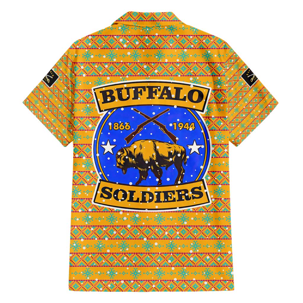 Buffalo Soldiers Christmas Family Matching Short Sleeve Bodycon Dress and Hawaiian Shirt with Yellow Cartoon Buffalo Santa Hat Design - Wonder Print Shop