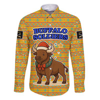 Buffalo Soldiers Christmas Family Matching Short Sleeve Bodycon Dress and Hawaiian Shirt with Yellow Cartoon Buffalo Santa Hat Design - Wonder Print Shop