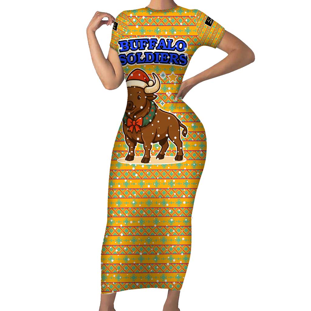 Buffalo Soldiers Christmas Family Matching Short Sleeve Bodycon Dress and Hawaiian Shirt with Yellow Cartoon Buffalo Santa Hat Design - Wonder Print Shop