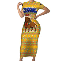 Buffalo Soldiers Christmas Family Matching Short Sleeve Bodycon Dress and Hawaiian Shirt with Yellow Cartoon Buffalo Santa Hat Design - Wonder Print Shop