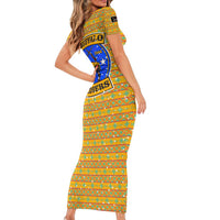 Buffalo Soldiers Christmas Family Matching Short Sleeve Bodycon Dress and Hawaiian Shirt with Yellow Cartoon Buffalo Santa Hat Design - Wonder Print Shop