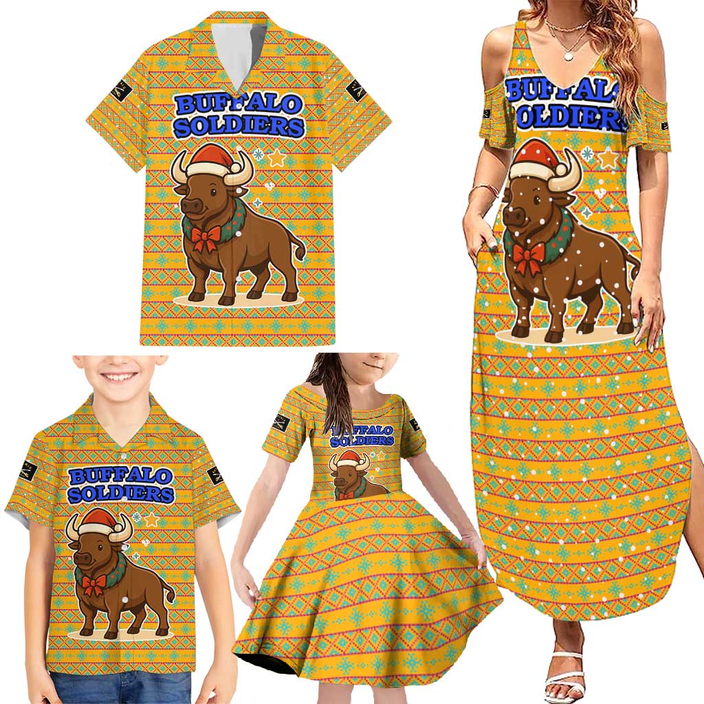Buffalo Soldiers Christmas Family Matching Summer Maxi Dress and Hawaiian Shirt with Yellow Cartoon Buffalo Santa Hat Design - Wonder Print Shop