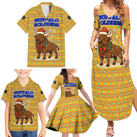 Buffalo Soldiers Christmas Family Matching Summer Maxi Dress and Hawaiian Shirt with Yellow Cartoon Buffalo Santa Hat Design - Wonder Print Shop