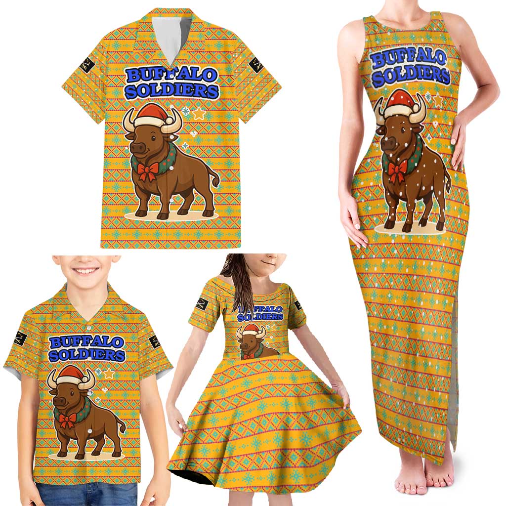 Buffalo Soldiers Christmas Family Matching Tank Maxi Dress and Hawaiian Shirt with Yellow Cartoon Buffalo Santa Hat Design - Wonder Print Shop