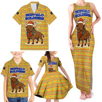 Buffalo Soldiers Christmas Family Matching Tank Maxi Dress and Hawaiian Shirt with Yellow Cartoon Buffalo Santa Hat Design - Wonder Print Shop