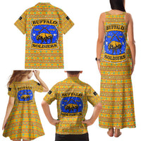 Buffalo Soldiers Christmas Family Matching Tank Maxi Dress and Hawaiian Shirt with Yellow Cartoon Buffalo Santa Hat Design - Wonder Print Shop