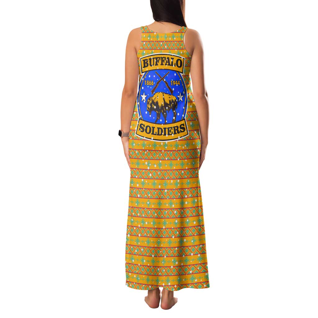 Buffalo Soldiers Christmas Family Matching Tank Maxi Dress and Hawaiian Shirt with Yellow Cartoon Buffalo Santa Hat Design - Wonder Print Shop