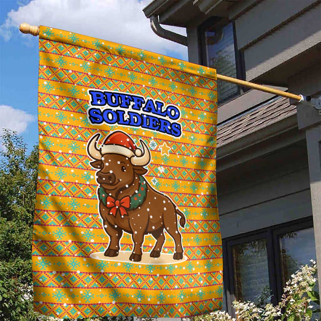 Buffalo Soldiers Christmas Garden Flag with Yellow Cartoon Buffalo Santa Hat Design - Wonder Print Shop