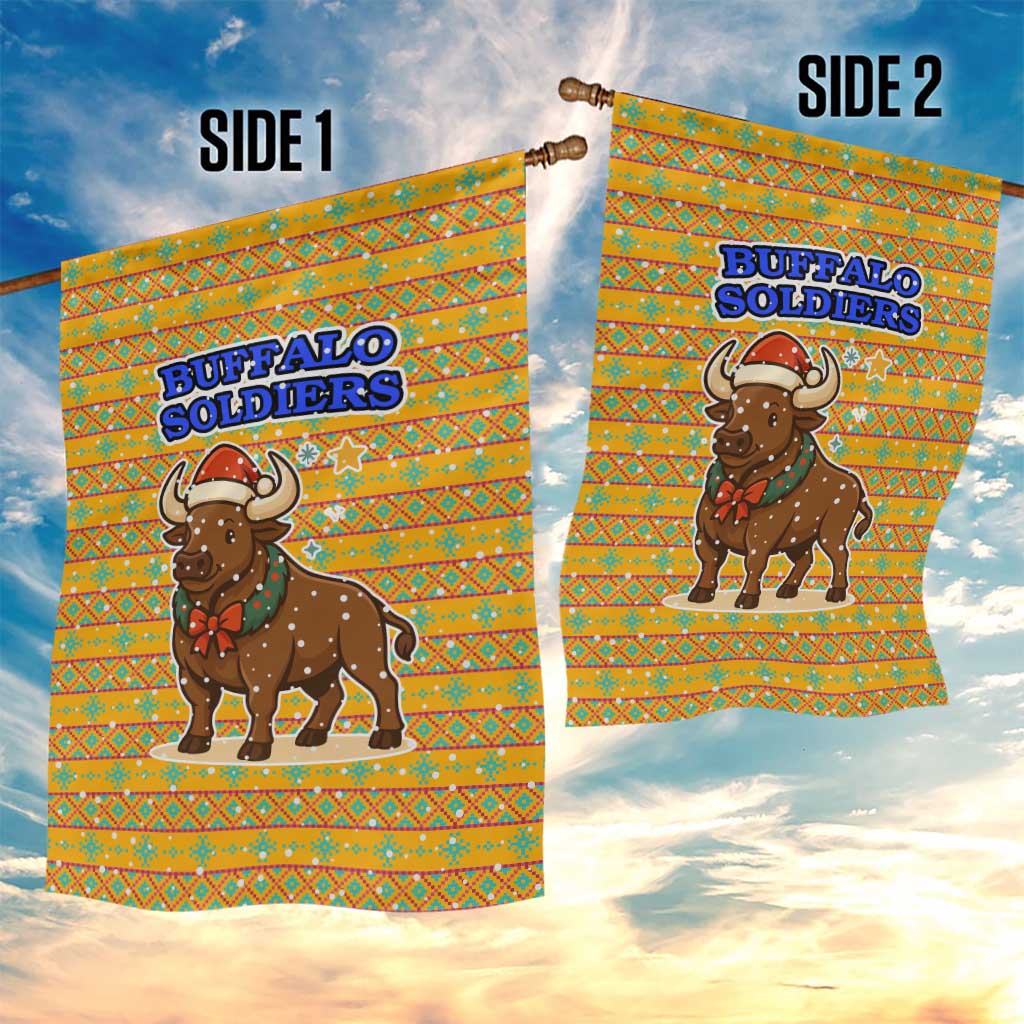 Buffalo Soldiers Christmas Garden Flag with Yellow Cartoon Buffalo Santa Hat Design - Wonder Print Shop