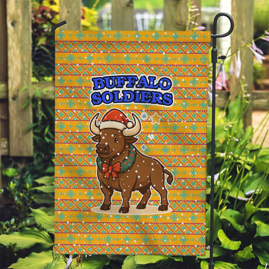 Buffalo Soldiers Christmas Garden Flag with Yellow Cartoon Buffalo Santa Hat Design - Wonder Print Shop