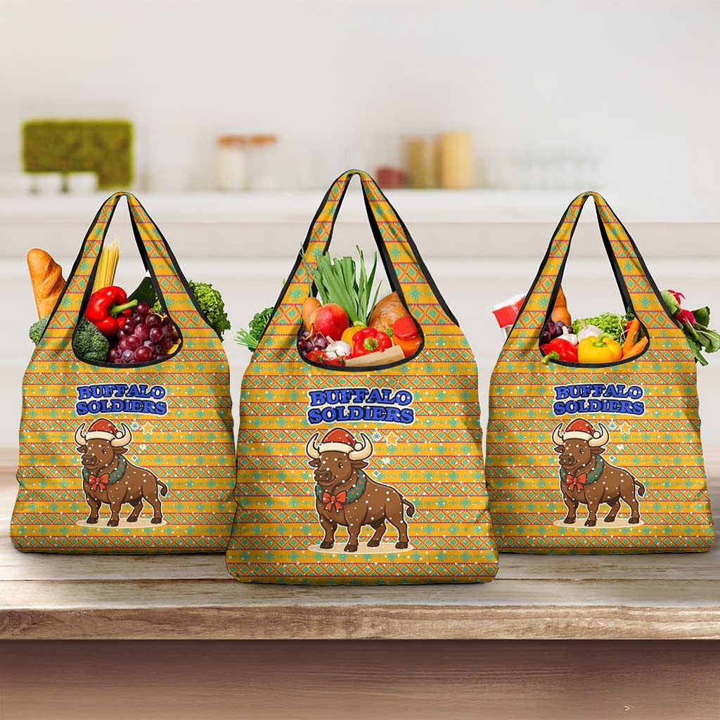 Buffalo Soldiers Christmas Grocery Bag with Yellow Cartoon Buffalo Santa Hat Design - Wonder Print Shop