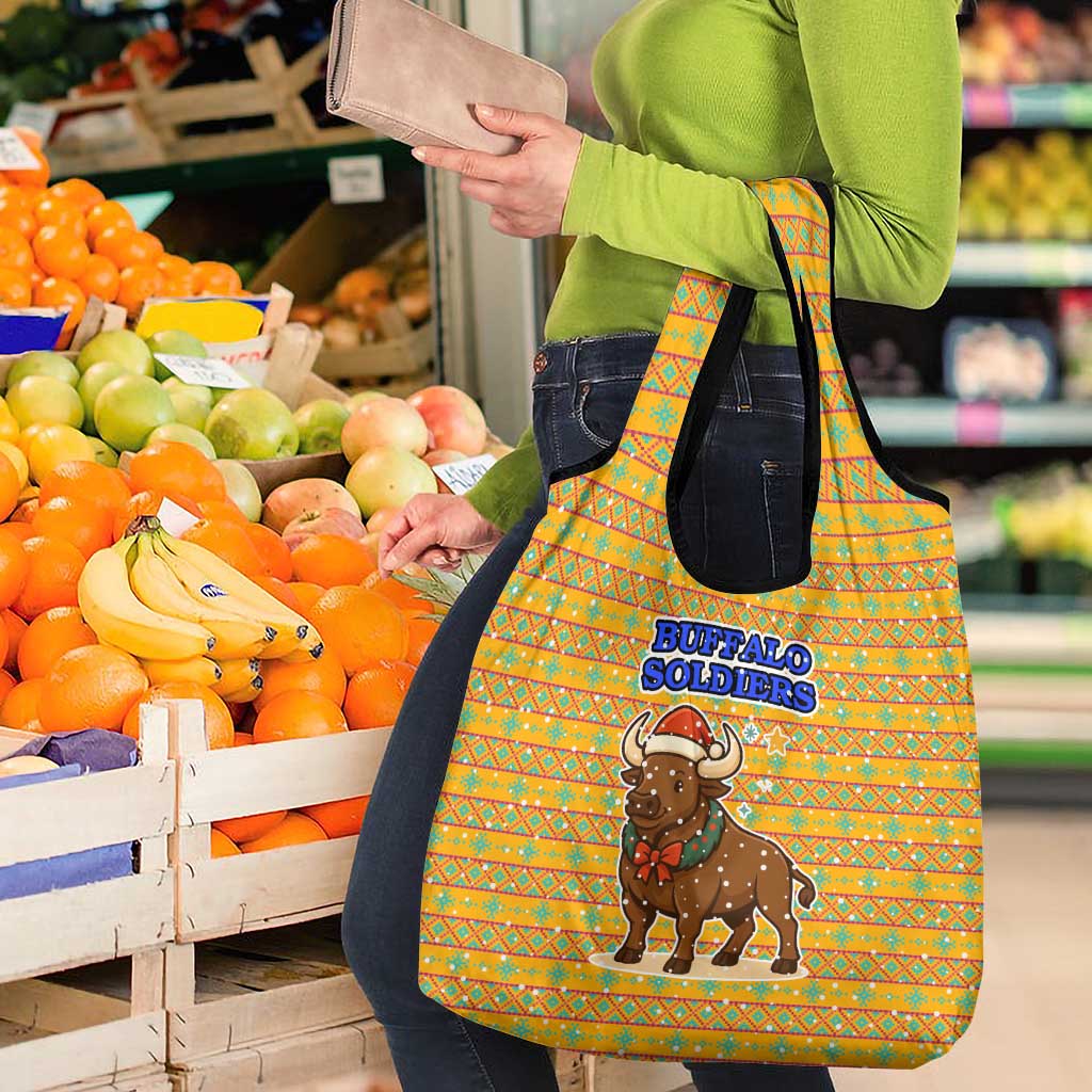 Buffalo Soldiers Christmas Grocery Bag with Yellow Cartoon Buffalo Santa Hat Design - Wonder Print Shop